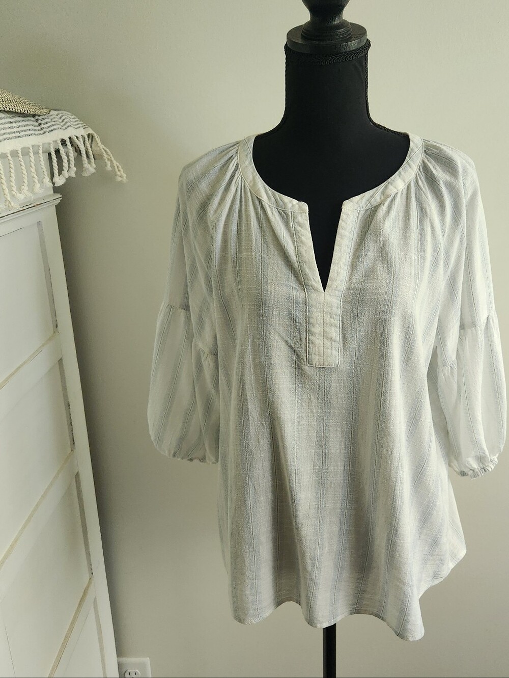 COTTON BLEU 100% COTTON LIGHTWEIGHT STRIPED V-NECK TOP